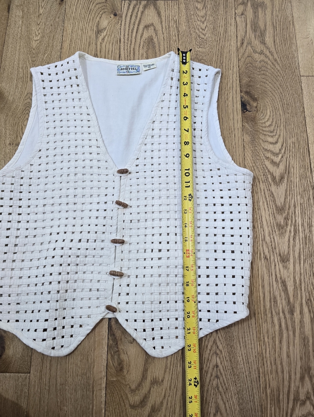 Vintage Rosettes Cream Woven Wood Button Vest Size Large - Picture 4 of 5